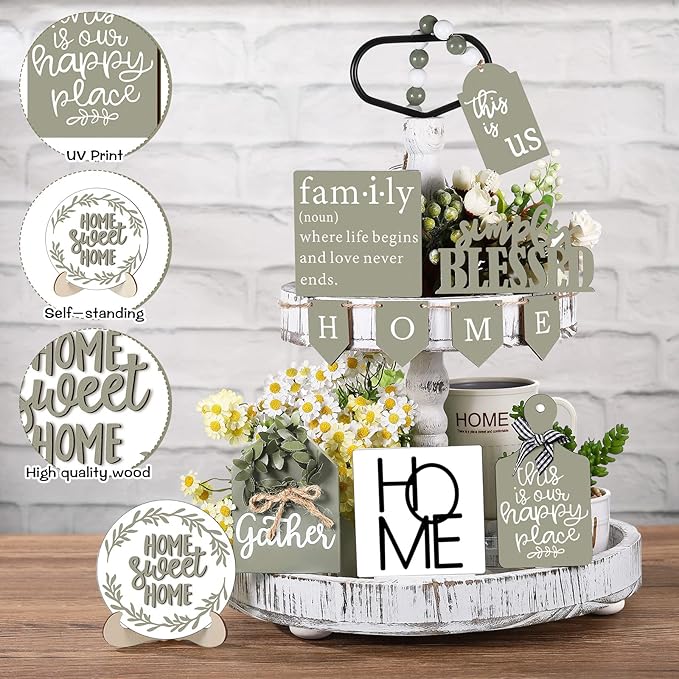 11 Pcs Home Tiered Tray Decor Spring Rustic Farmhouse Tiered Tray Decorations Set Sage Green Wooden Home Sign Vintage Farm Animal Farmhouse Tabletop Wood Sign for Kitchen Table Shelf Decor