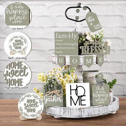 11 Pcs Home Tiered Tray Decor Spring Rustic Farmhouse Tiered Tray Decorations Set Sage Green Wooden Home Sign Vintage Farm Animal Farmhouse Tabletop Wood Sign for Kitchen Table Shelf Decor