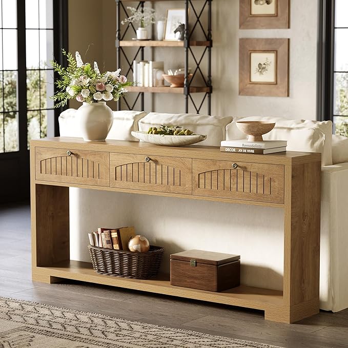 LITTLE TREE 70.8-Inch Long Console Table with 3 Drawers, Farmhouse Narrow Entryway Table for Hallway, Entry, Behind Couch, Sofa, Entrance, Living Room, Foyer with 2-Tier Shelves, Light Brown