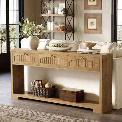 LITTLE TREE 70.8-Inch Long Console Table with 3 Drawers, Farmhouse Narrow Entryway Table for Hallway, Entry, Behind Couch, Sofa, Entrance, Living Room, Foyer with 2-Tier Shelves, Light Brown