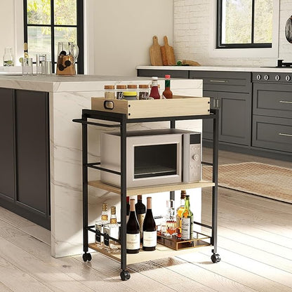 3 Tier Kitchen Cart, Rolling Bar Cart for Tea, Coffee, Liquor, and Drink Service with Removable Serving Detachable Server, Natural Oak