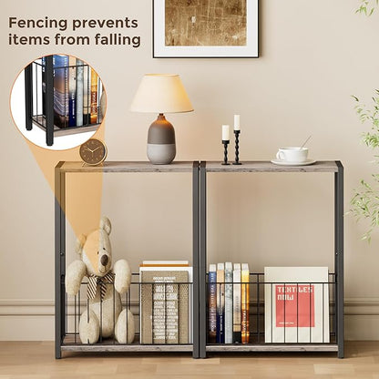 Narrow Side Tables Set of 2 with Magazine Holder, Skinny End Tables Perfect for Small Spaces, Space-Saving Design for Living Room, Bedroom, or Office, 7.1" D x 16.9" W x 23.6" H, Greige