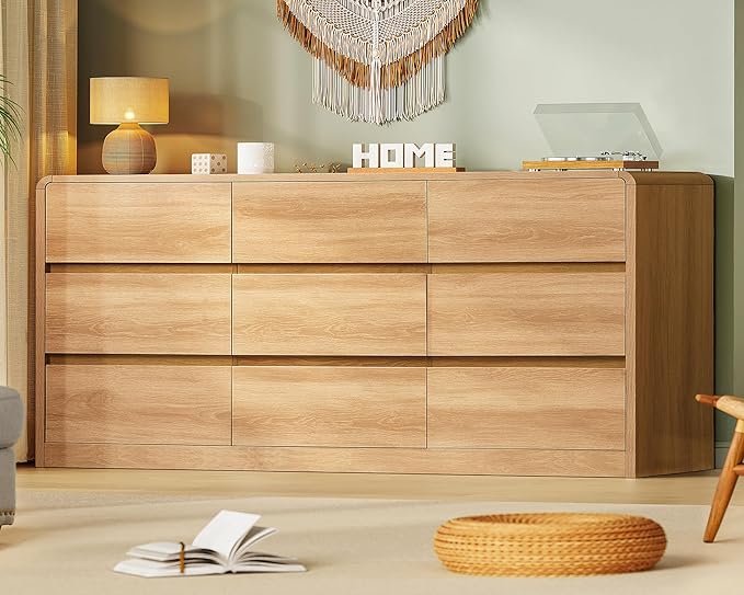 TEENFON 9 Drawer Dresser for Bedroom, 63" Wide Dressers & Chest of Drawers with Curved Profile Design, Wood Closet Storage Dressers Organizer for Bedroom, Living Room, Natural