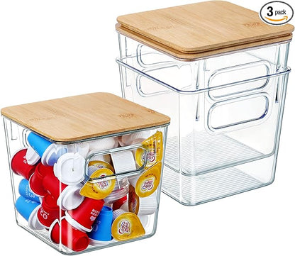 Qilinba 3 PACK Coffee Pod Holder K Cup Organizer Large Capacity Clear Storage Container Bins with Bamboo Lids for Coffee Bar Organization and Storage