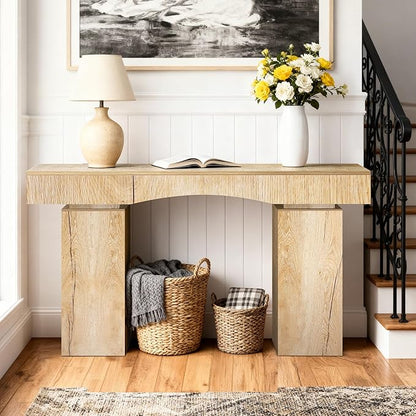 63 Inch Long Entryway Table Bold, Wooden Console Table with Socket Farmhouse Sofa Table for Entrance, Hallway, Living Room, Behind Couch(Natural Brown)
