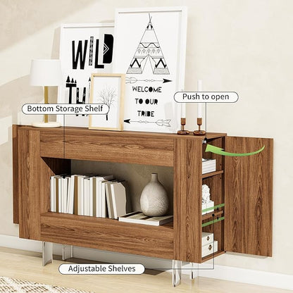 Narrow Console Table with Hidden Side Storage Cabinets, Adjustable Shelves, Farmhouse Entryway Sofa Table for Behind The Couch, Living Room, Hallway, Walnut