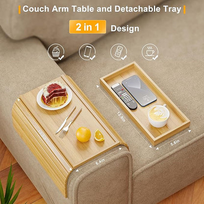 Bestjing Bamboo Sofa Armrest Tray Table for Couch - 2-in-1 Couch Arm Table with Be Slide Detachable Tray- Anti-Slip Foldable Sofa Armchair Caddy for Drinks Cellphone TV Remote Snacks (Bamboo)