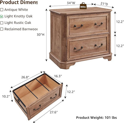 T4TREAM 2 Drawer File Cabinet with 34" Wide Wooden Tabletop, 34" Farmhouse Lateral Filing Cabinet with Smooth Rails, Holds Letter/Legal, Hexagonal Design & Framed Drawer Fronts, Light Knotty Oak