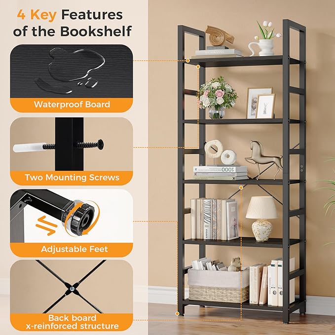 DUMOS 5-Tier Bookshelf, Modern Tall Bookcase, Open Storage Display Shelf for Living Room, Bedroom, Home Office, Narrow Standing Shelving Unit for Books, CDs, Décor，Modern Black