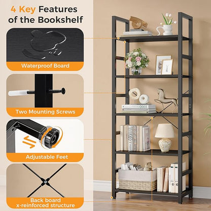 DUMOS 5-Tier Bookshelf, Modern Tall Bookcase, Open Storage Display Shelf for Living Room, Bedroom, Home Office, Narrow Standing Shelving Unit for Books, CDs, Décor，Modern Black