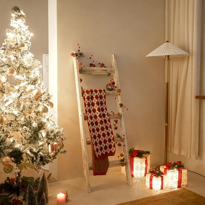 FUIN 5ft (58") Wood Blanket Ladder Living Room Decorative Wall Leaning Farmhouse Quilt Display Holder Wooden Towel Rack for Bathroom, Rustic White