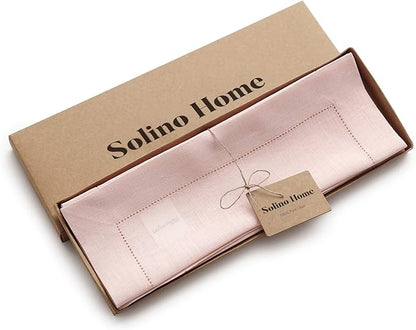 Solino Home Linen Placemats Set of 4 - Classic Hemstitch Pink Placemats 14 x 19 Inch - 100% Pure Linen Table Mats for Valentines, Spring, Easter