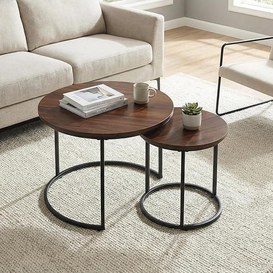 Round Nesting Coffee Table Set of 2, Modern Marble Pattern Wooden Nesting Tables, Stacking Minimalist End Table for Living Room Bedroom Small Space, (Black Leg+Brown top)