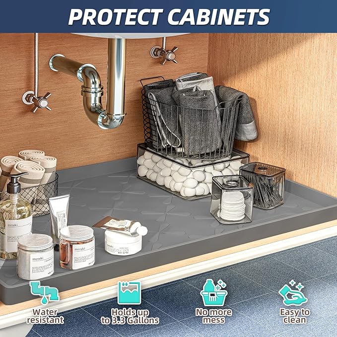 SIKADEER 22" x 22" Under Sink Mat Waterproof, Silicone Mat Kitchen Drawer Shelf and Cabinet Liner, Sink Protector for Kitchen Organizers and Storage, Boot Tray Pet Food Mats