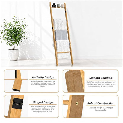 6 Tier Blanket Ladder with Shelf, Wooden Blanket Rack for Living Room, Leaning Towel Ladder Rack for Bedroom, Bathroom, Quilts, Throws, Towels and Farmhouse Décor