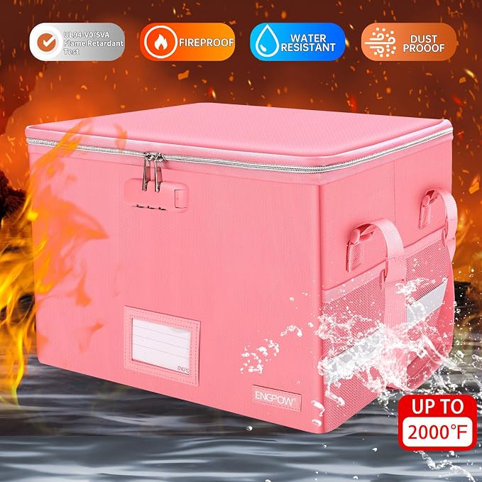 ENGPOW File Box with Lock, Fireproof Document Box with Pockets, Collapsible File Organizer Filing Storage Cabinet with Handle, Portable Home Office Safe for Hanging Letter/Legal Folders, Pink, 2 Pack