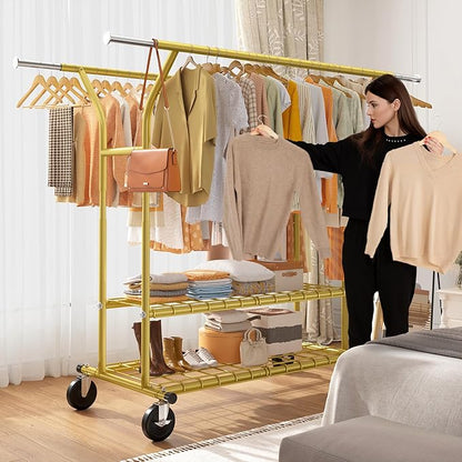 Raybee 74" W Heavy Duty Clothes Rack, Double Rods Gold Clothing Rack Load 630 LBS, Rolling Clothes Racks for Hanging Clothes 400+, Garment Rack with shelves for Bedroom, Laundry Room, Retail Store