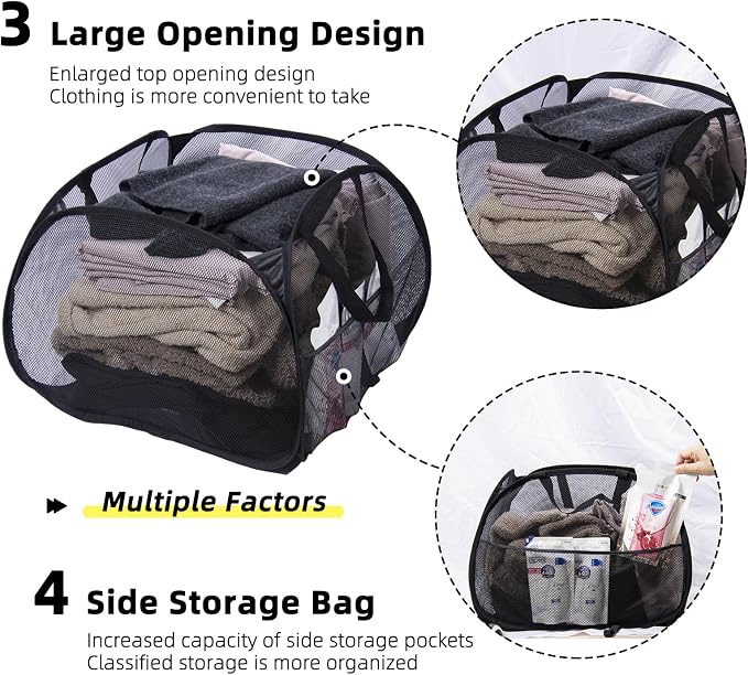 Collapsible Laundry Basket, 90L Foldable Pop-up Laundry Hamper with Handles, Mesh Dirty Clothes Hamper for Laundry, Bathroom, Kids Room, Dorm,Travel or Camping (Black, 2PCS)