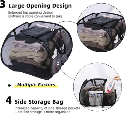 Collapsible Laundry Basket, 90L Foldable Pop-up Laundry Hamper with Handles, Mesh Dirty Clothes Hamper for Laundry, Bathroom, Kids Room, Dorm,Travel or Camping (Black, 2PCS)