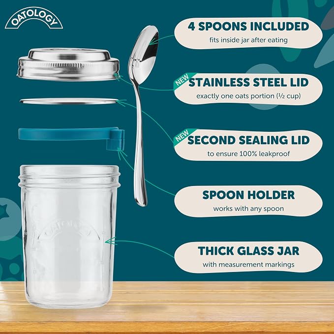 Overnight Oats Containers with Lids & Spoons - Stainless Steel Lid Leakproof Glass Jars for Chia Pudding & Yogurt for Healthy Breakfast On-the-Go - 16oz Set with Unique Milk Line - 4 Pack