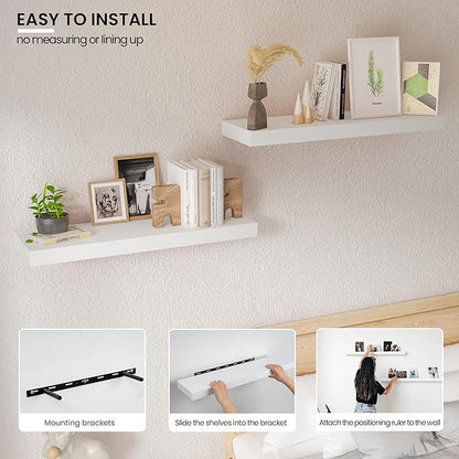 Vivelove Wooden Floating Shelves for Wall 24” x 8”x 1.4”, Solid Wood Shelf with Invisible Brackets, Deep Wall Shelves for Bathroom, LivingRoom, Kitchen, Bedroom, Modern Home Decor, Set of 2 - White