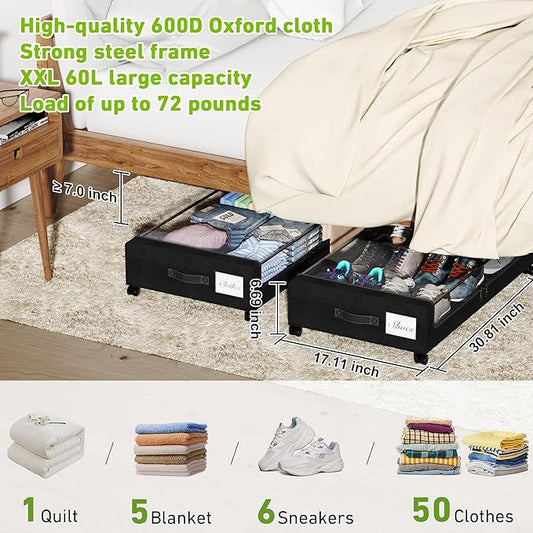 Tututry Under Bed Storage with Wheels, XXL 60L Under the Bed Storage Bins, Underbed Storage Containers with Lids & Label, Rolling Metal Drawer for Shoes, Clothes, Books, Toys (4-Pack Black)