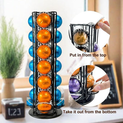 Vertuo Pod Holder Organizer for Nespresso, Holds 28 Pods, Lazy Susan Platform- Pinano Black, Ideal for Small Kitchens, Coffee Bars,Office break rooms- ONLY for Any VertuoLine Setup