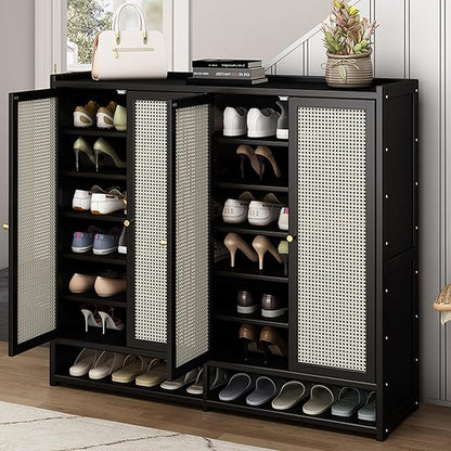 Bamboo Shoe Cabinet, 8-Tier Shoe Storage Cabinet with Doors, Freestanding Bamboo Shoe Rack Organizer with Shelves for Entryway, Hallway, Closet, Living Room