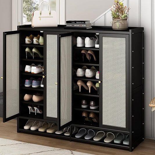 Bamboo Shoe Cabinet, 8-Tier Shoe Storage Cabinet with Doors, Freestanding Bamboo Shoe Rack Organizer with Shelves for Entryway, Hallway, Closet, Living Room