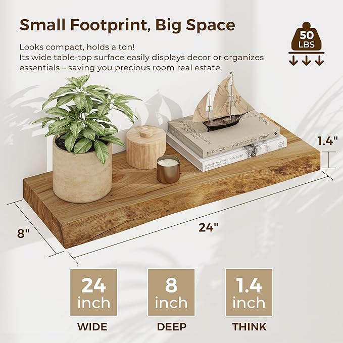 Dreamland 24 Inch Floating Shelves, Rustic Elm Wood Live Edge Wall Shelf for Home Decor, 8 Inch Deep Floating Shelf for Wall, 24 x 8 Bathroom Shelves Set of 2, Natural Color