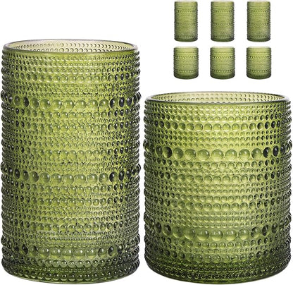Moretoes Hobnail Drinking Glasses Set of 6, 12 Oz Highball Glasses & 10 Oz Cocktail Glasses, Clear Embossed Boho Glass Cups Kitchen Bar Tumbler Glassware Set for Whiskey, Beer, Juice, Milk (Green)