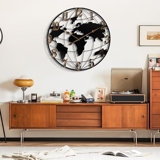 Mee 2ou Large Wall Clock - 24 Inch World Map Minimalist Modern Round Metal Wall Clock Silent Non-Ticking Battery Operated Wall Clocks for Living Room Kitchen Office Farmhouse Home Decor