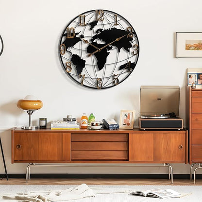 Mee 2ou Large Wall Clock - 24 Inch World Map Minimalist Modern Round Metal Wall Clock Silent Non-Ticking Battery Operated Wall Clocks for Living Room Kitchen Office Farmhouse Home Decor