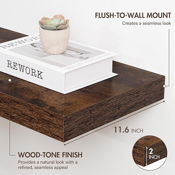 Acovy 48 Inch Floating Shelves, 12" Deep Floating Shelf Wall Mounted, 48" Wall Shelves, Rustic Deep Bookshelf, Extra Deeper & Thicker Display Shelves for Bedroom, Living Room, Brown, Set of 2