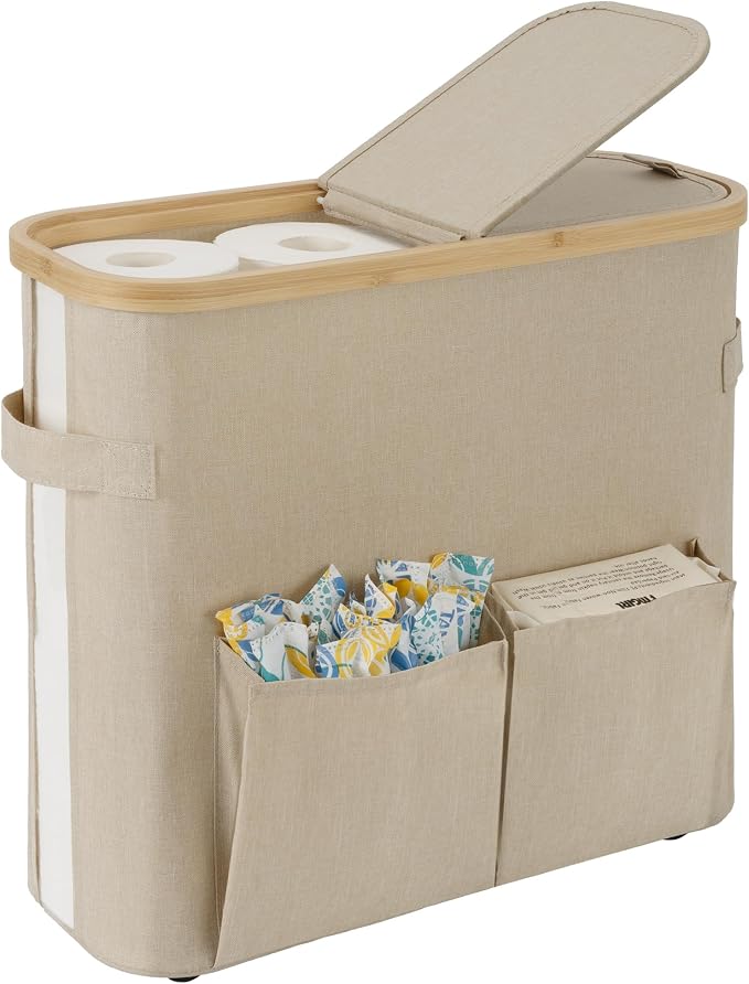 StorageWorks Toilet Paper Storage Baskets with Dual Flip Lids, Toilet Paper Organizer for Bathroom, Toilet Paper Container with Side Pocket, Holds 9 Mega or 12 Regular Rolls, Medium, Oatmeal