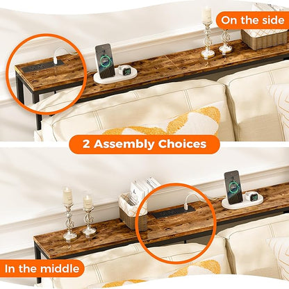 SUPERJARE Console Table with Outlet, 63 Inch Sofa Table with Charging Station, Narrow Entryway Table, Behind Couch Table, for Living Room, Plants - Rustic Brown