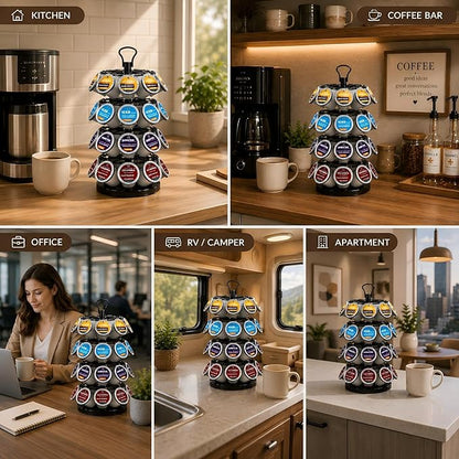 K Cup Holder-Coffee Pod Holder Organizer for 36 K-Cup Pods, 4-Tier Coffee Pod Carousel Compatible with K-Cups, 360° Rotating with Stable Base, Space-Saving for Kitchen Countertop & Office, Black