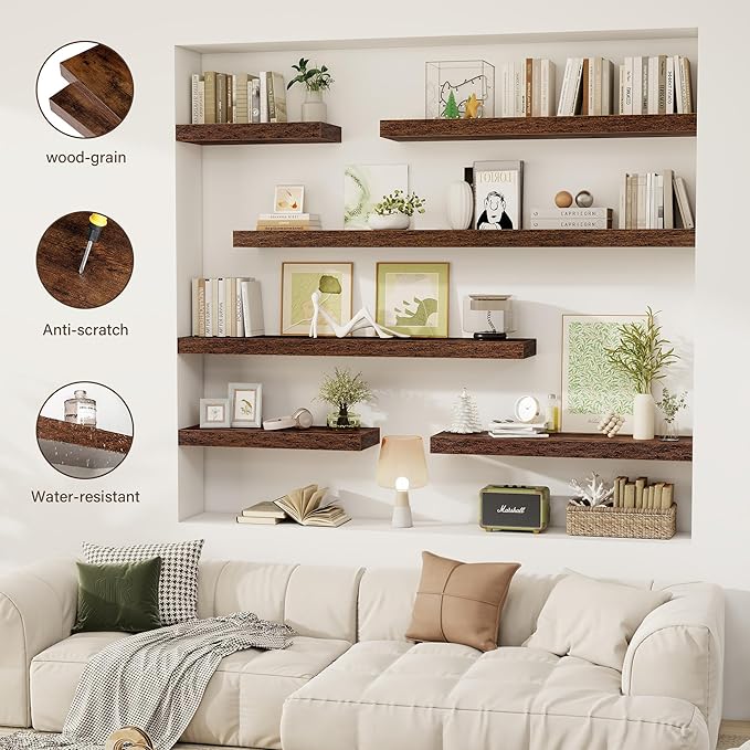 Acovy 36 Inch Floating Shelves, 12" Deep Floating Shelf Wall Mounted, 36" Wall Shelves, Rustic Deep Bookshelf, Extra Deeper & Thicker Display Shelves for Bedroom, Living Room, Brown, Set of 2