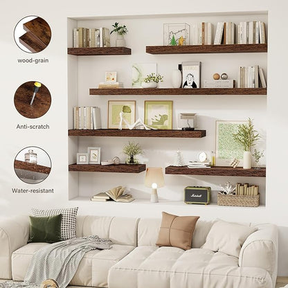 Acovy 36 Inch Floating Shelves, 12" Deep Floating Shelf Wall Mounted, 36" Wall Shelves, Rustic Deep Bookshelf, Extra Deeper & Thicker Display Shelves for Bedroom, Living Room, Brown, Set of 2