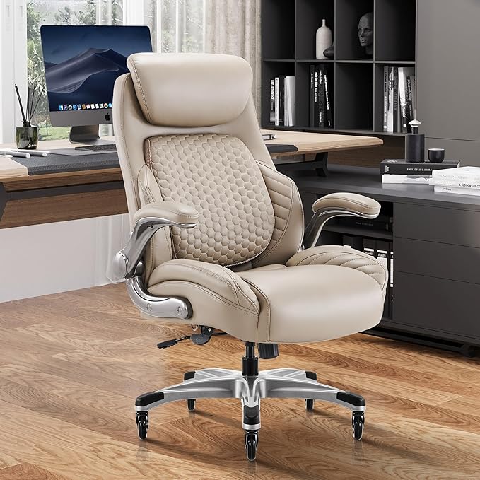 COLAMY Office Chair Ergonomic Desk High Back Executive Chair with Pop-Out Lumbar Support, Upgraded Casters, Adjustable Headrest, Flip-Up Arms, Leather Home with Thick Cushion for Comfort - Khaki