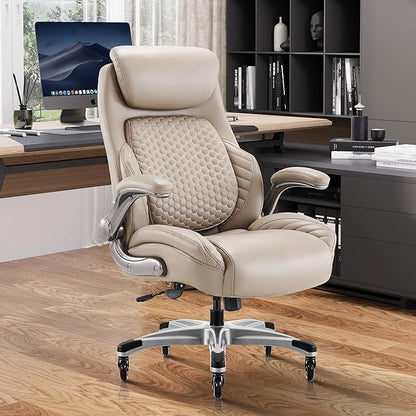 COLAMY Office Chair Ergonomic Desk High Back Executive Chair with Pop-Out Lumbar Support, Upgraded Casters, Adjustable Headrest, Flip-Up Arms, Leather Home with Thick Cushion for Comfort - Khaki