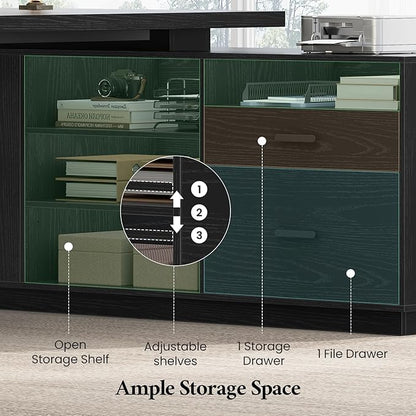 70.3 inch L Shaped Executive Desk with Power Outlets, Large Home Office Desk with Storage Drawers and File Cabinet, Modern Computer Desk with Shelves, Black Business Furniture, Square Tapered Legs