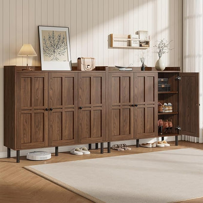 ONBRILL Shoe Cabinet with 3 Doors and Adjustable Shelves, 30 Pairs Shoe Storage Cabinet, 40 Inch Tall Farmhouse Shoe Rack Shoe Organizer Cabinet for Entryway Living Room Closet, Walnut