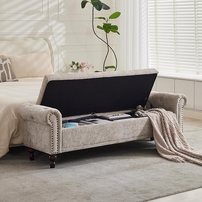 Storage Bench for Bedroom, 67" End of Bed Bench King Size, Upholstered Chenille Storage Ottoman with Tufted Cushioned Rolled Arm Large Storage Space for Living Room Entryway, Light Brown