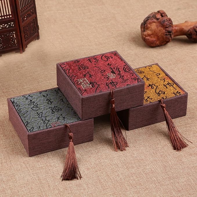 MIAO JIN 6 Pieces Retro style Square Tassel Jewelry Boxes Set Small Travel Gift Organizer, Portable Traditional Bracelet Jewelry Earring Packaging Case for Valentine Day Anniversary Birthday Gift