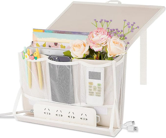 Bedside Caddy Bedside Storage Organizer Bedside Organizer with Power Strip Holder and 2 Adjustable Straps for Home Bunk Bed College Dorm Sofa (White)