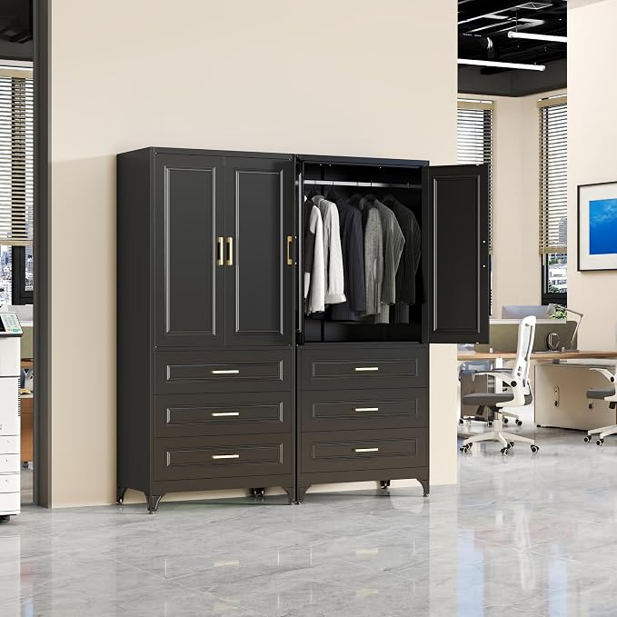 SteeLoong 71" Metal Armoire Wardrobe Closet with 3 Drawer，Tall Clothing Storage Cabinet with Adjustable Shelves and Hanging Rod,Black Wardrobe Closet for Bedroom,Home,Office,Gym