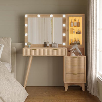 Makeup Vanity Desk with Mirror and Lights, 45" Fluted Wood Vanity Desk with Glass Top, 5 Drawers & RGB Glass Cabinet, Power Outlet, Mid Century Modern Dressing Table Set for Women Girls Bedroom