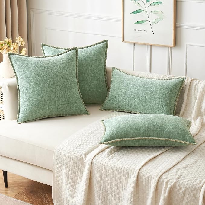 MIULEE Pack of 2 Summer Throw Pillow Covers 20x20 Inch Greyish Green Farmhouse Decorative Pillow Covers with Stitched Edge Soft Chenille Solid Dyed Pillow Covers for Couch Sofa Bed Living Room