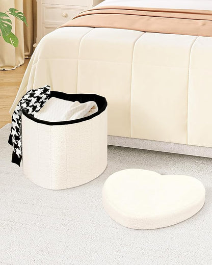 B FSOBEIIALEO Storage Ottoman Cube, Heart Shaped Ottomans with Storage Foot Stool Footrest for Lving Room, Boucle Ottoman Seat for Dorm Room,Faux Teddy Fur, White 15"x15"x15"